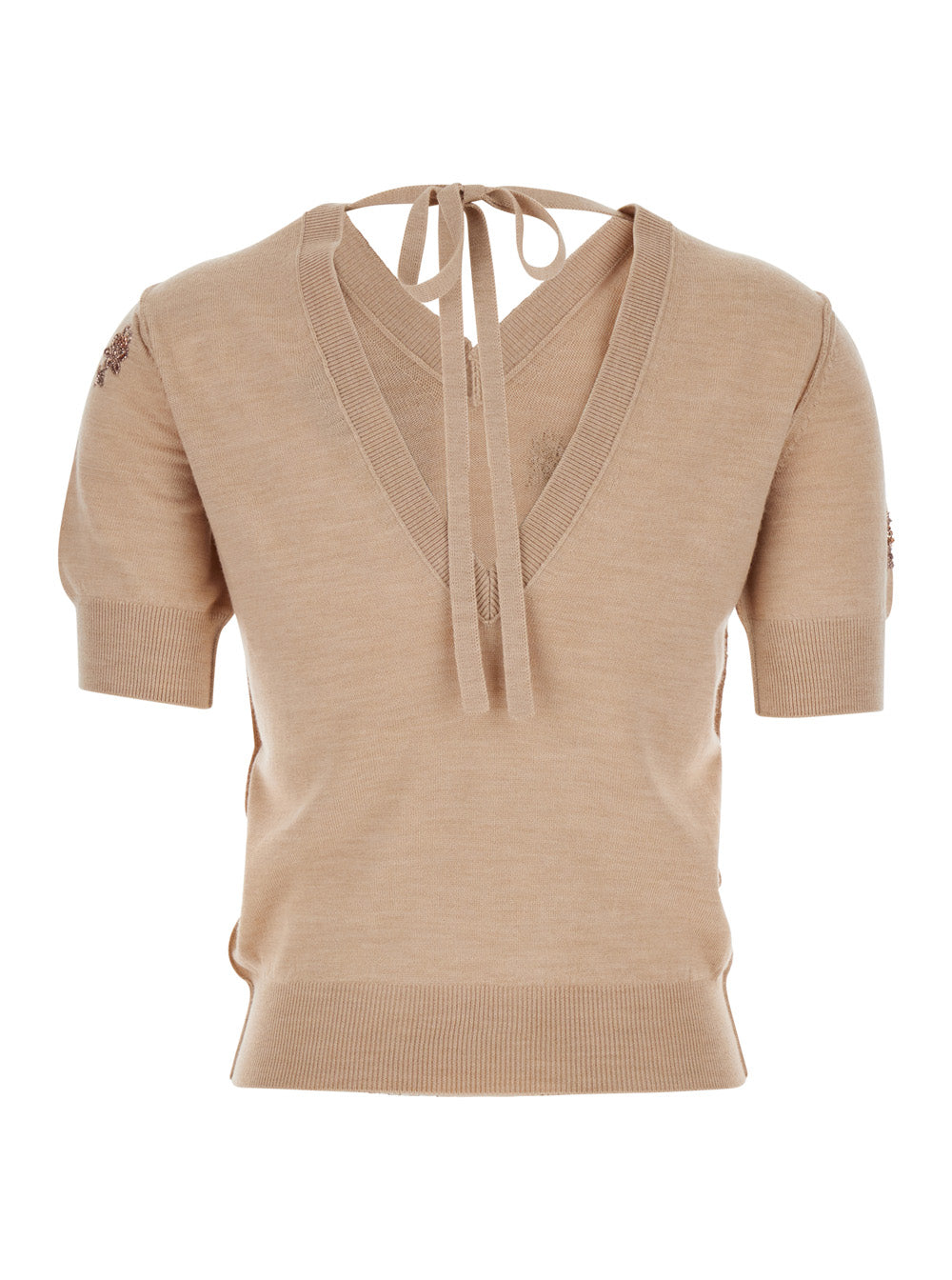 Fendi Women Pink T-Shirt With V Neck On Front And Rear And Floral Embroidery On The Front In Wool Woman FENDI