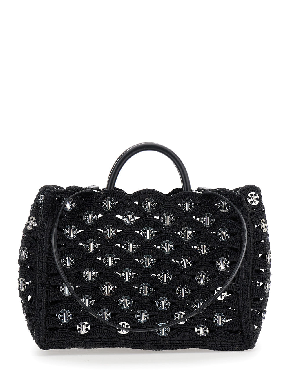 Rabanne Women Black Handbag With Weaving And All-Over Disc Details In Raphia Woman PACO RABANNE