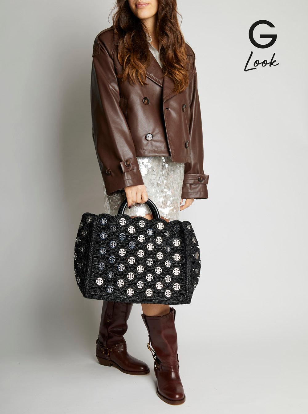 Rabanne Women Black Handbag With Weaving And All-Over Disc Details In Raphia Woman PACO RABANNE