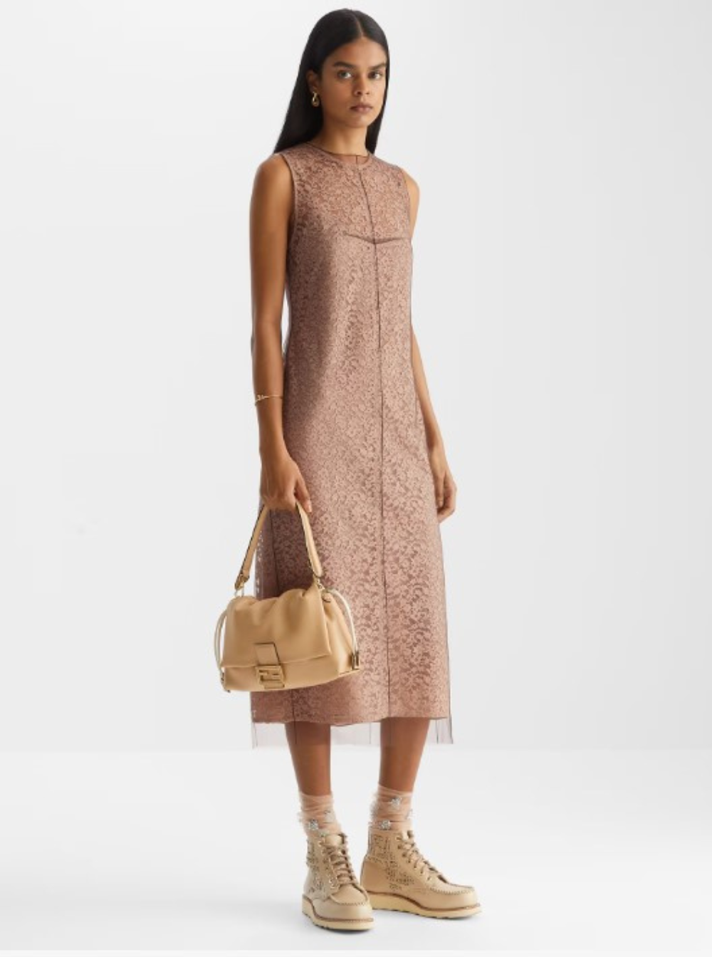 Fendi Women Beige Sleeveless Crewneck Dress With Floral Embroidery In Lace Woman FENDI