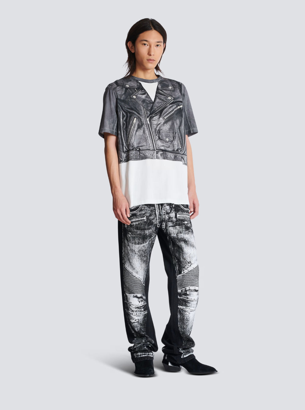Balmain Men Black And White Crewneck T-Shirt With Layered Design In Cotton Man BALMAIN