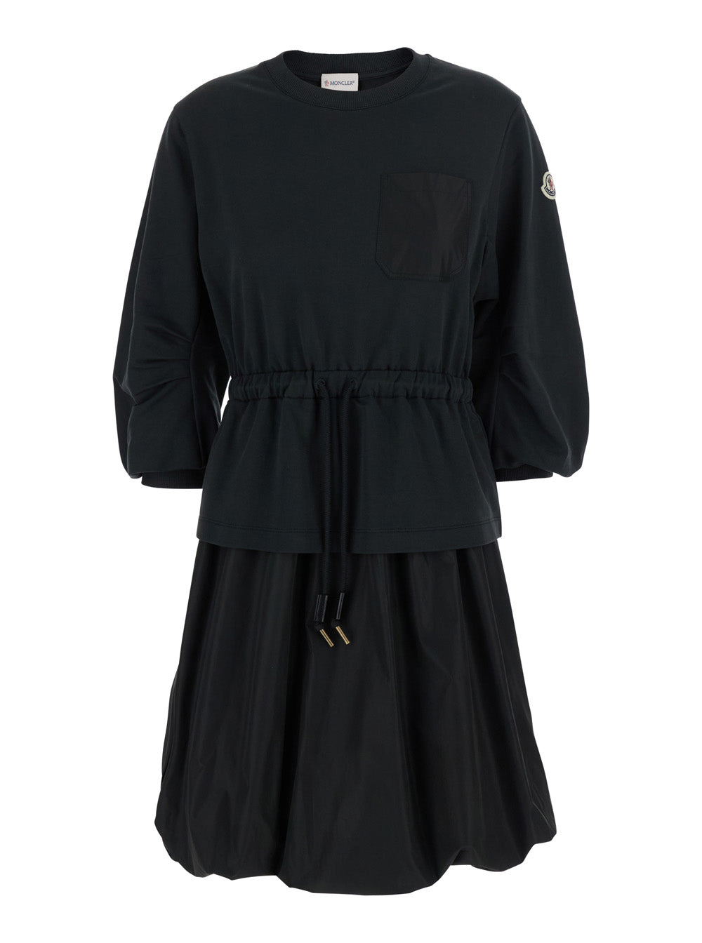 Moncler Women Black Dress With Elastic Waist And Logo Patch On The Sleeve In Tech Fabric Woman MONCLER
