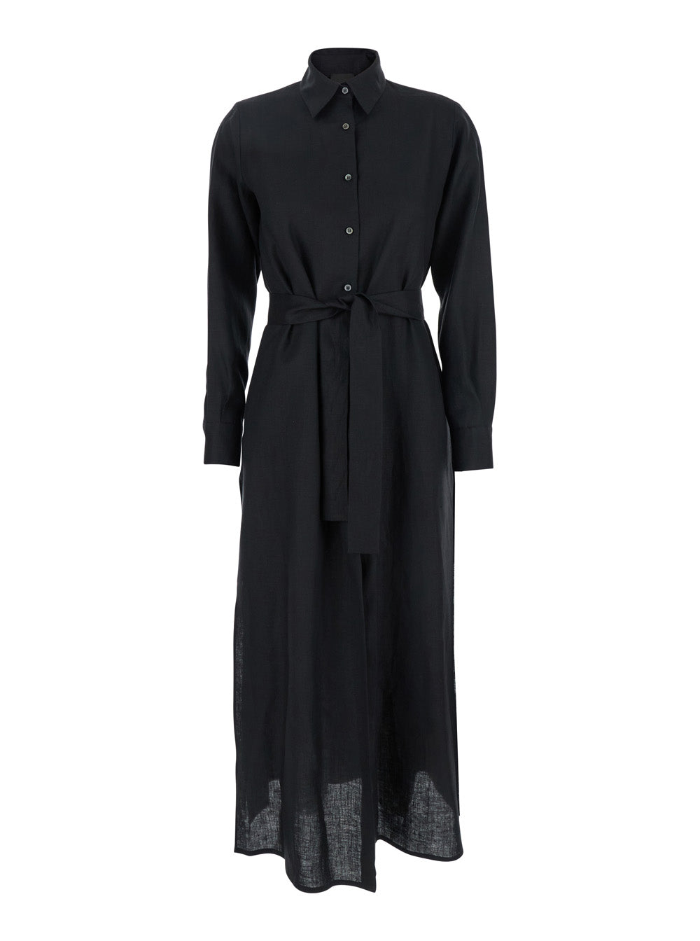 Leplain Women Black Dress With Classic Collar And Adjustable Skirt In Linen Woman LEPLAIN