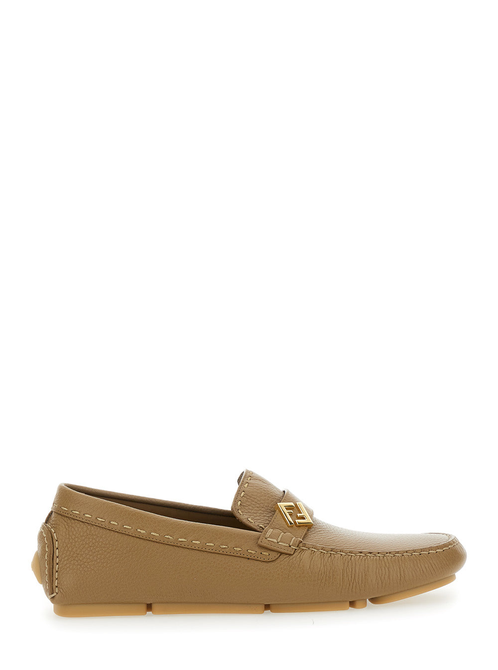 Fendi Men 'Driver' Beige Loafers With Rubber Injected Sole And Metallic Ff Plate In Hammered Leather Man FENDI