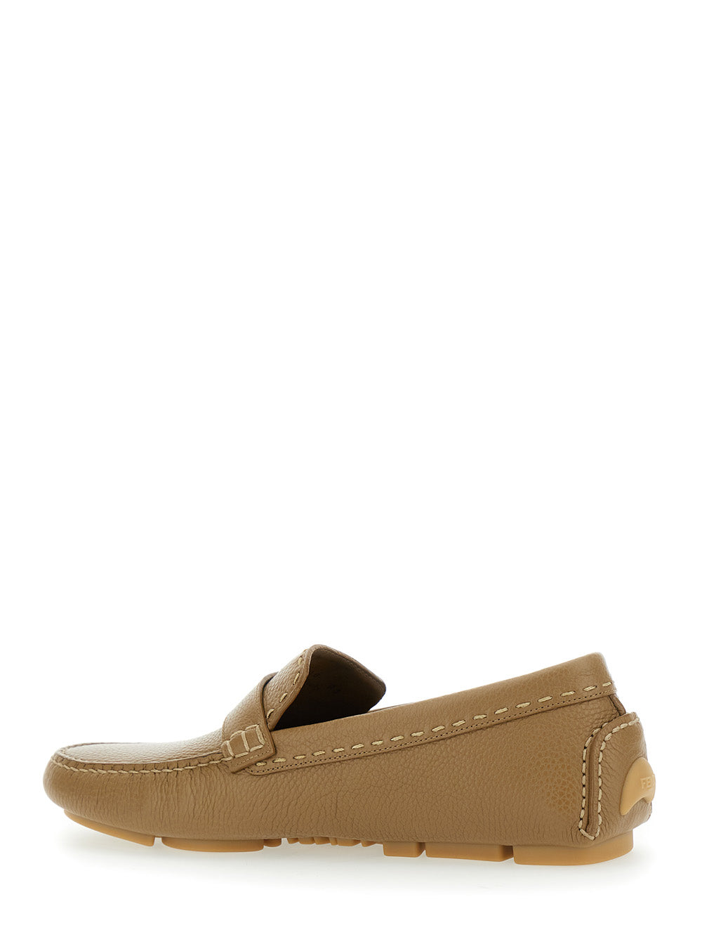 Fendi Men 'Driver' Beige Loafers With Rubber Injected Sole And Metallic Ff Plate In Hammered Leather Man FENDI