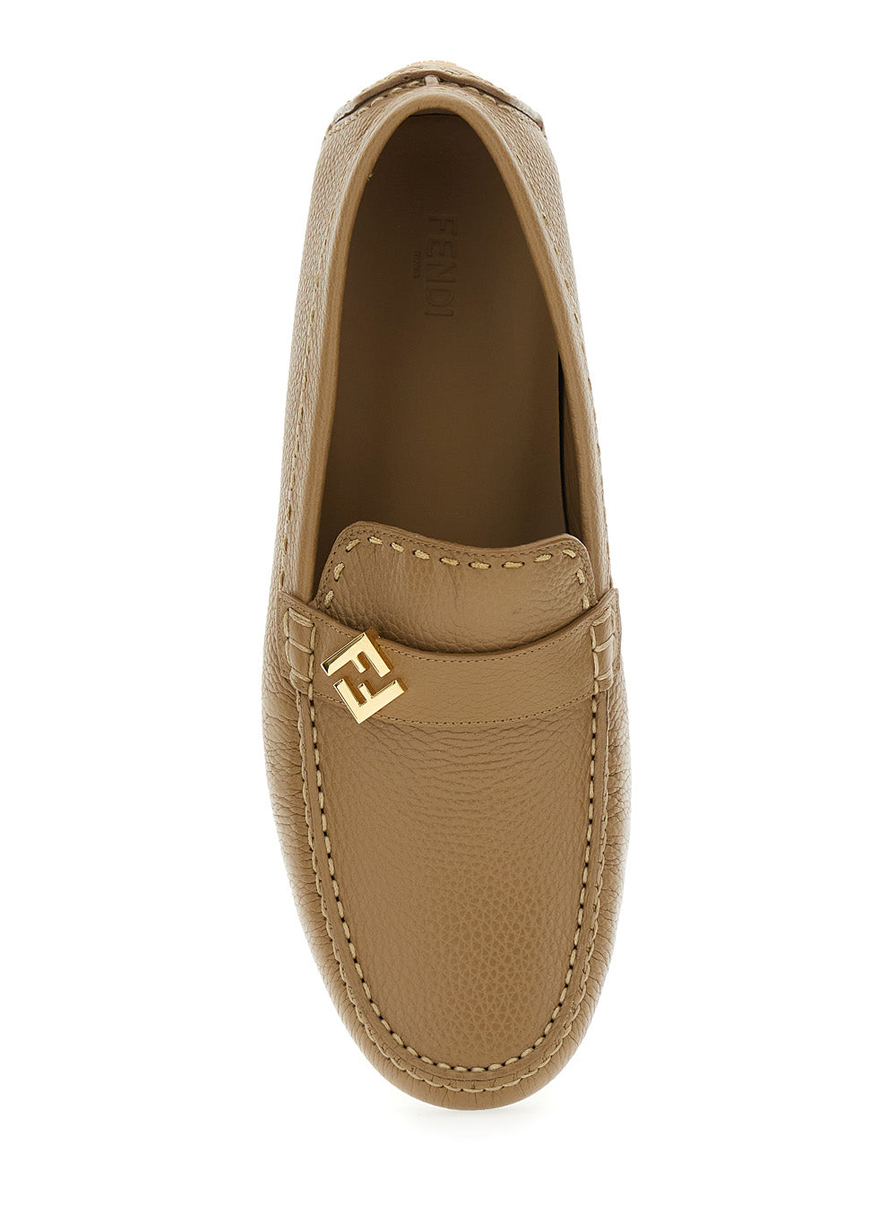 Fendi Men 'Driver' Beige Loafers With Rubber Injected Sole And Metallic Ff Plate In Hammered Leather Man FENDI