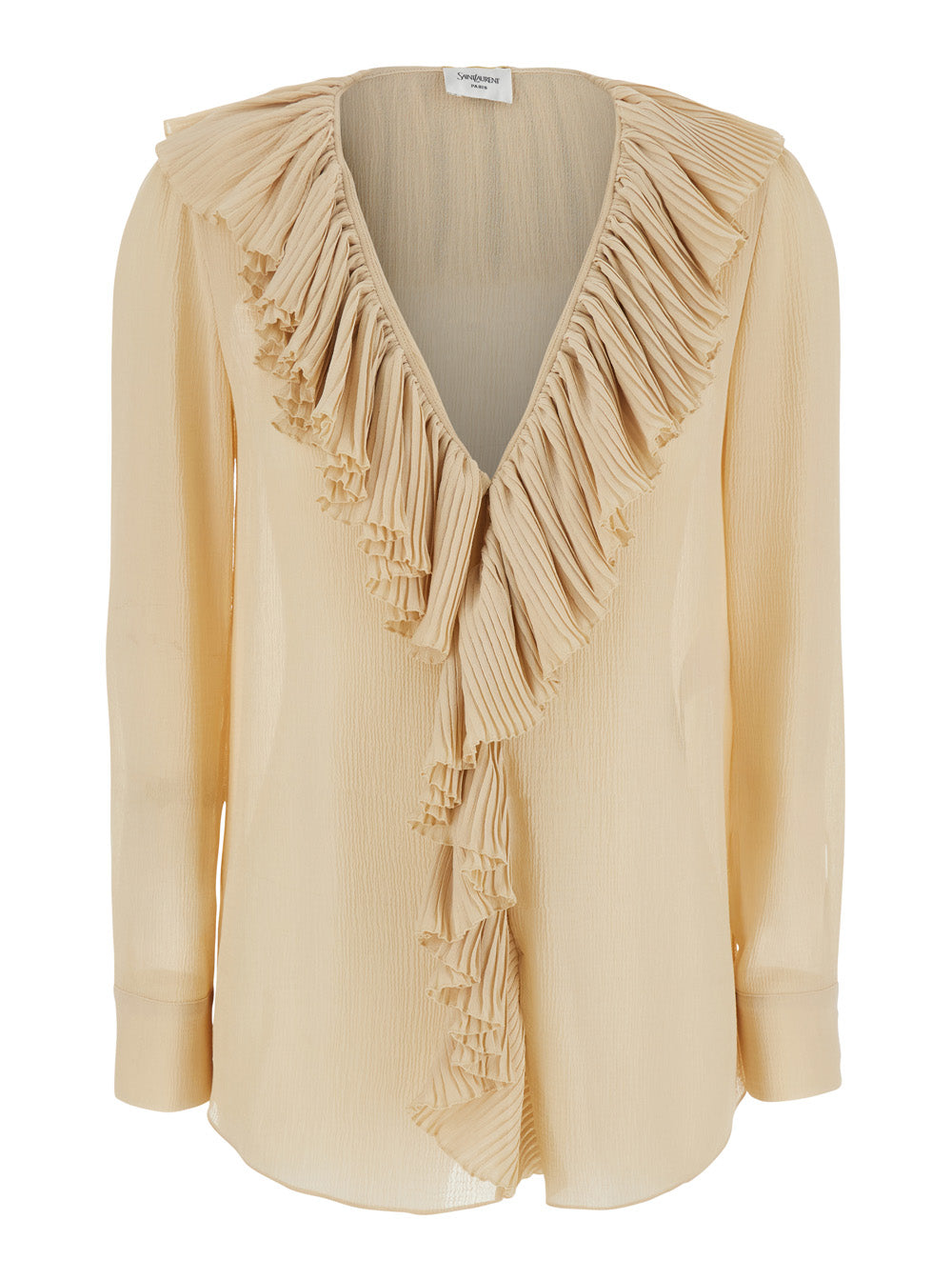 Saint Laurent Women Beige Blouse With V Neck And Ruffles On Front And Rear In Silk Woman SAINT LAURENT