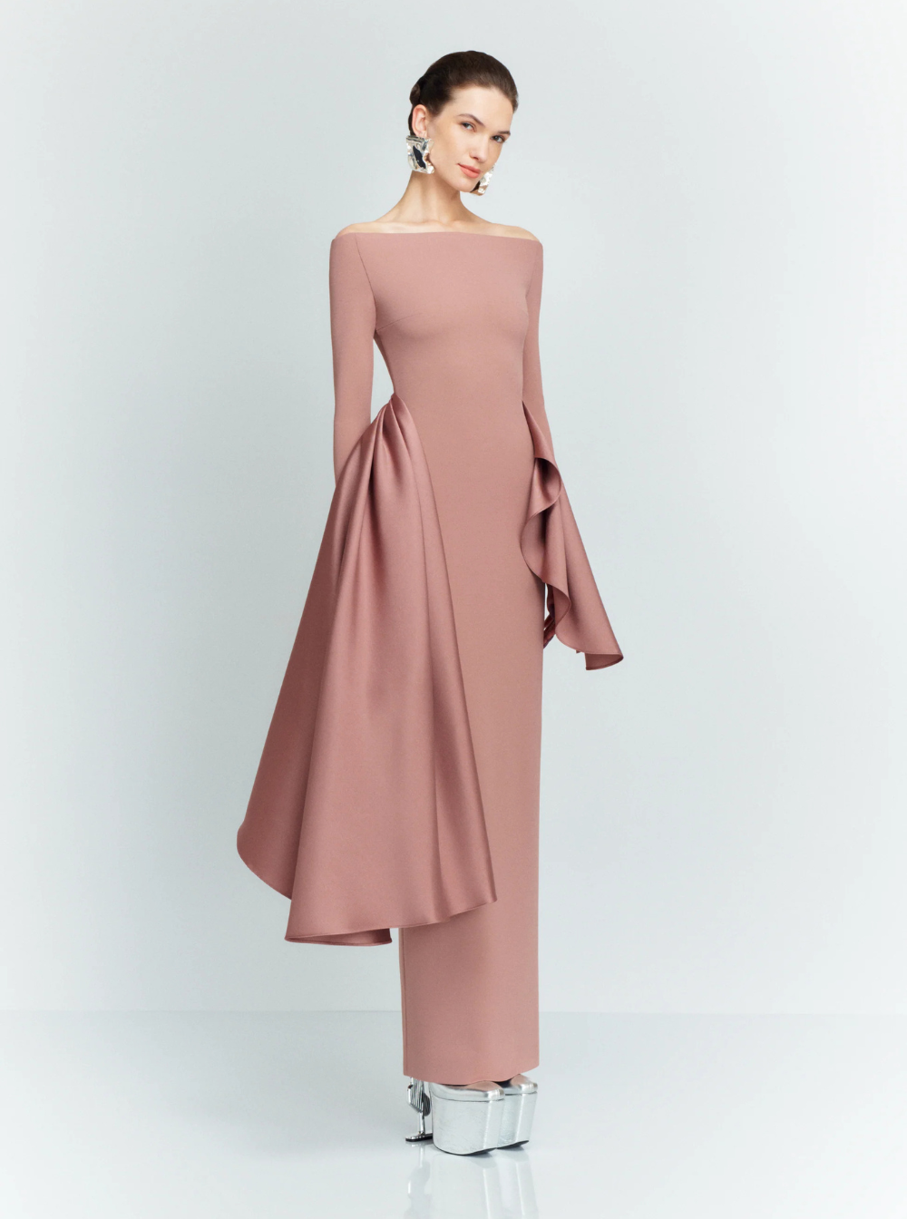 Solace London Women 'Kiana' Brown Long Dress With Boat Neckline And Maxi Draped Detail In Tech Fabric Stretch Woman SOLACE LONDON