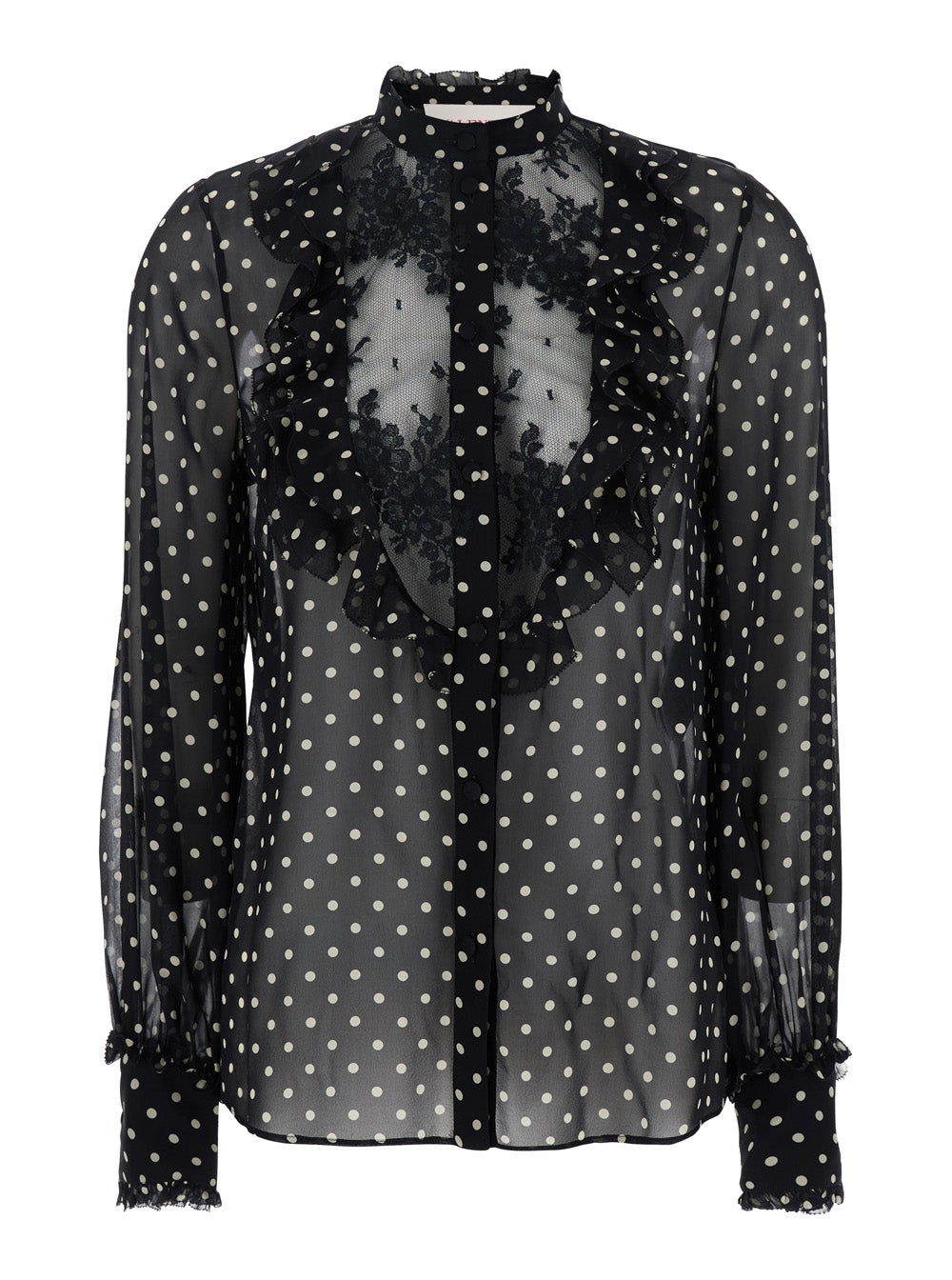 Valentino Women Black Crewneck Shirt With Floral Embroidery And All-Over Polka Dots Motif In Silk Woman VALENTINO