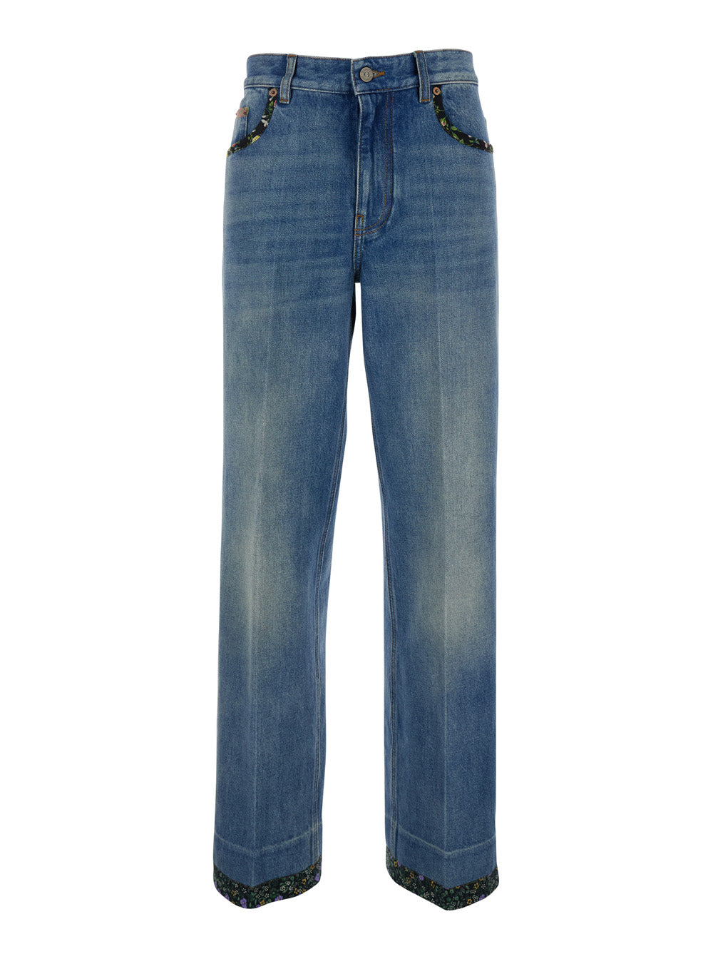 Valentino Women Blue Jeans With Logo Patch On The Rear And Floral Details In Denim Woman VALENTINO