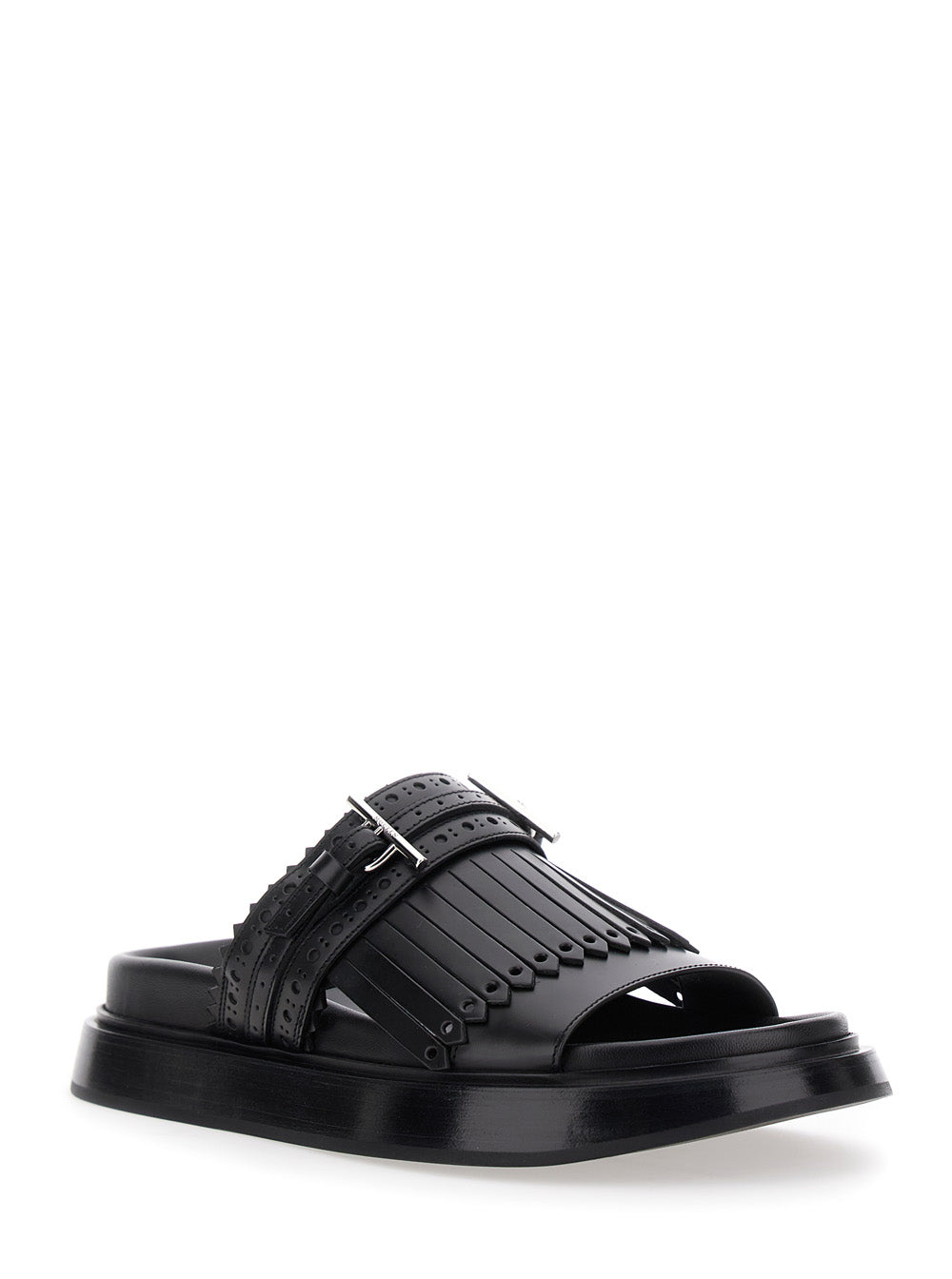Alexander Mcqueen Women Black Sandals With Brogue T-Buckle Decorative Strap In Leather Woman ALEXANDER MCQUEEN