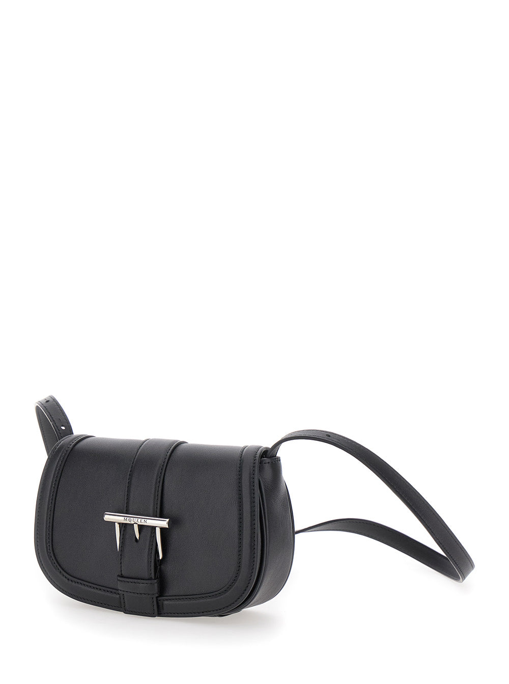 Alexander Mcqueen Women 'Satchel Mini' Black Crossbody Bag With T-Buckle And Embossed Logo In Leather Woman ALEXANDER MCQUEEN