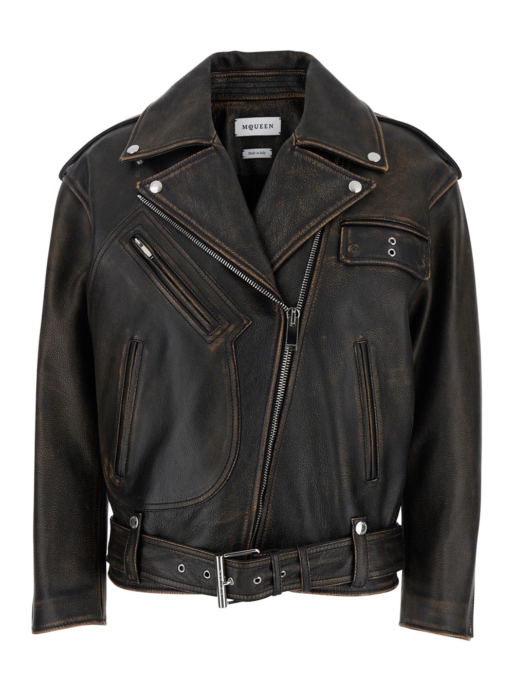 Alexander Mcqueen Women Antiqued Brown Biker Jacket With Wide Classic Lapels And Decentralized Zip Closure In Leather Woman ALEXANDER MCQUEEN