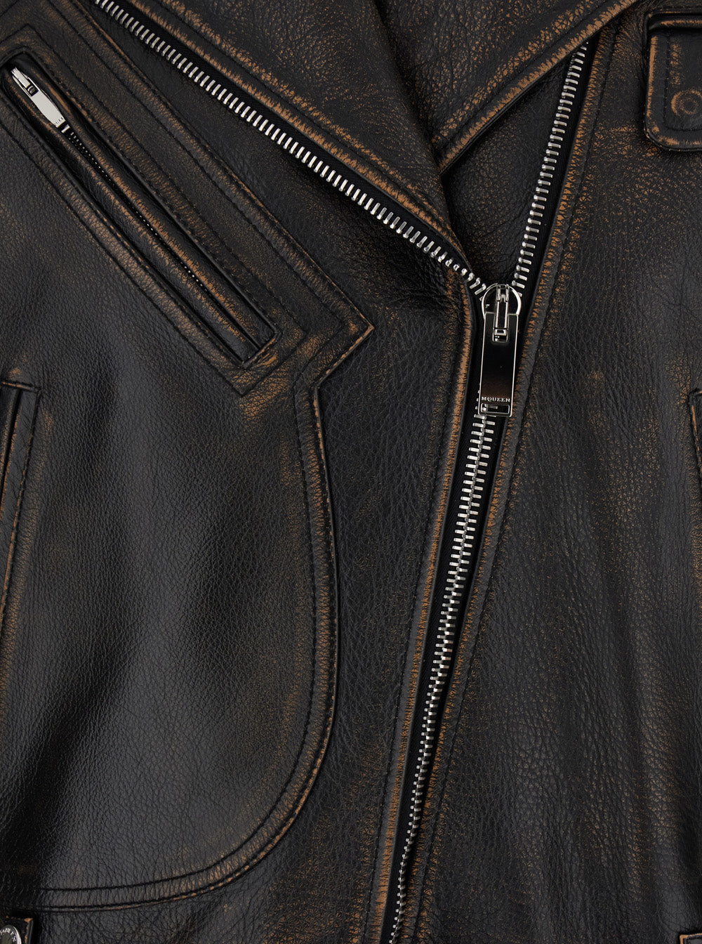 Alexander Mcqueen Women Antiqued Brown Biker Jacket With Wide Classic Lapels And Decentralized Zip Closure In Leather Woman ALEXANDER MCQUEEN