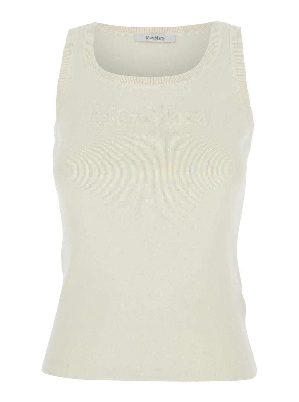 Max Mara Women 'Pentola' White Sleeveless Top With Square Neck And Tonal Logo Lettering Embroidery On The Front In Viscose Blend Woman MAX MARA