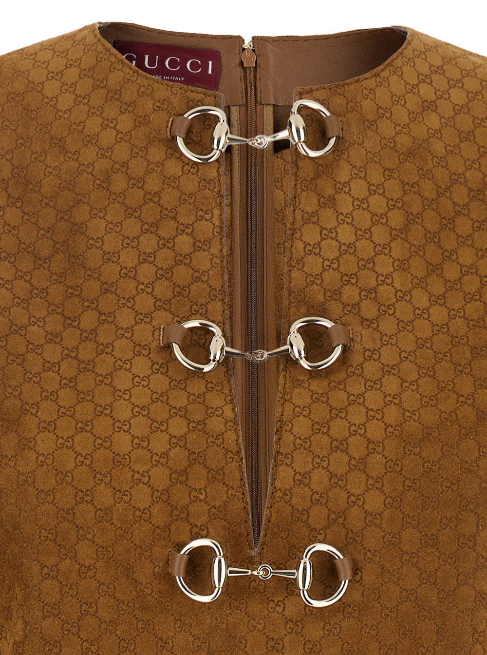 Gucci Women Brown Dress With Front Horsebit Details And All-Over Gg Motif In Suede Woman GUCCI