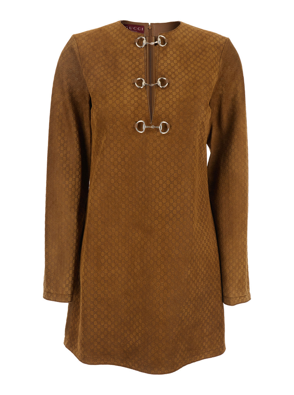 Gucci Women Brown Dress With Front Horsebit Details And All-Over Gg Motif In Suede Woman GUCCI