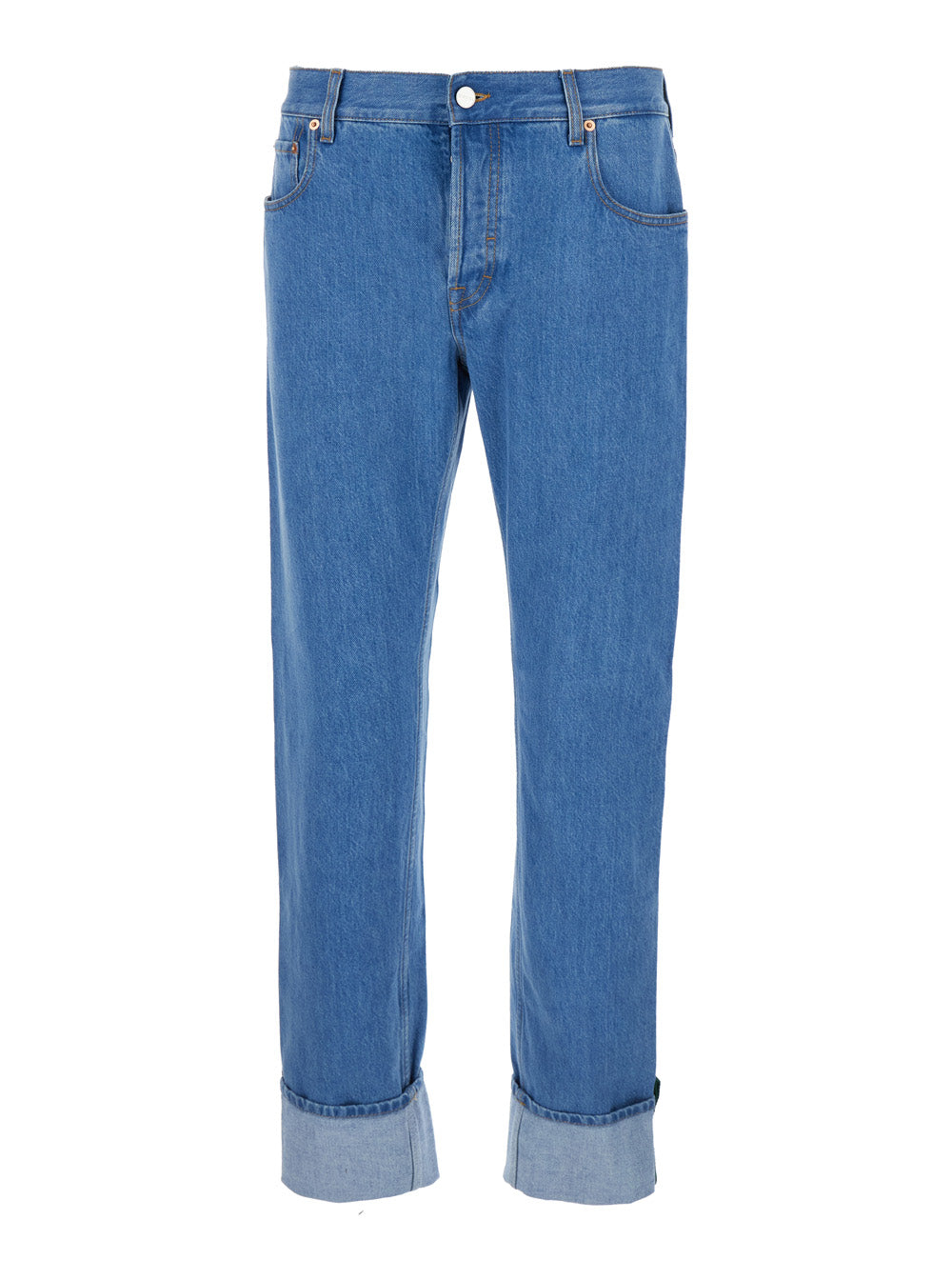 Gucci Men Blue Jeans With Logo Patch On The Rear And Web Turn-Up Hem In Denim Man GUCCI