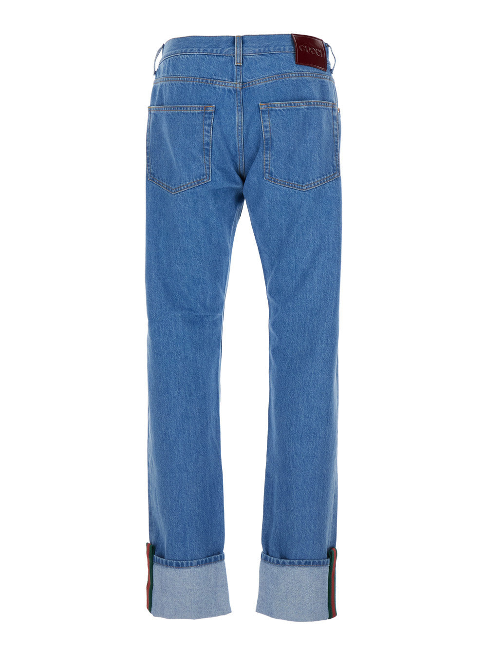 Gucci Men Blue Jeans With Logo Patch On The Rear And Web Turn-Up Hem In Denim Man GUCCI