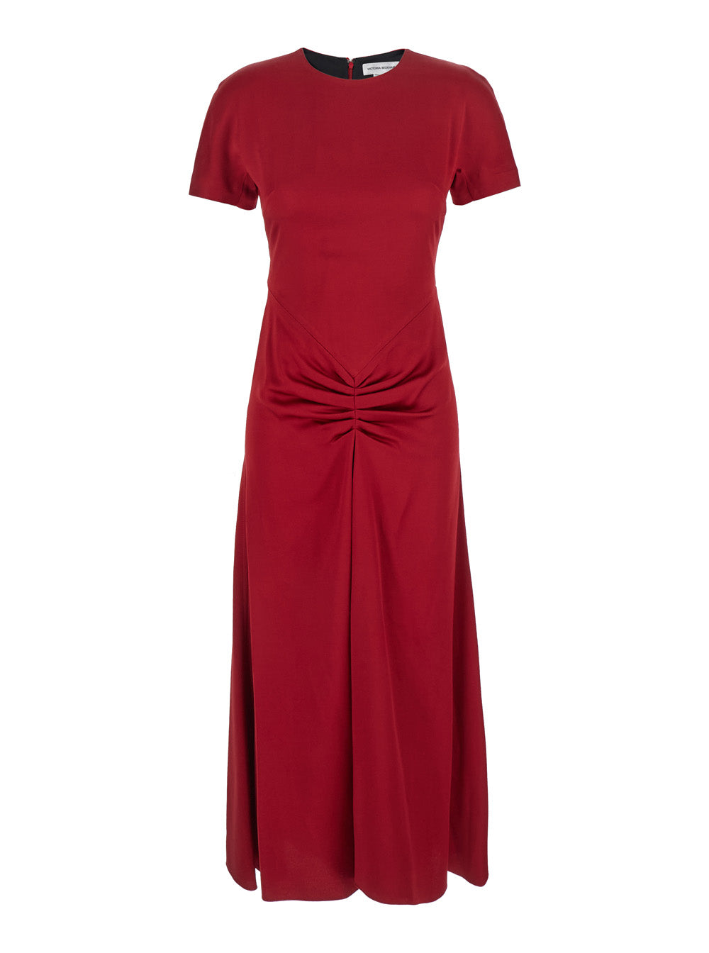 Victoria Beckham Women Red Crewneck Midi Dress With Gathered Waist And Rear Zip Closure In Viscose Blend Woman VICTORIA BECKHAM