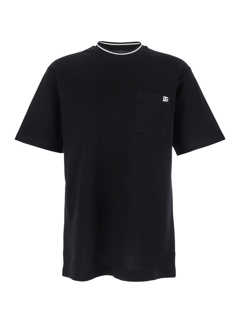 Dolce & Gabbana Men Black Crewneck T-Shirt With Logo Embroidery On The Front In Cotton Man DOLCE & GABBANA