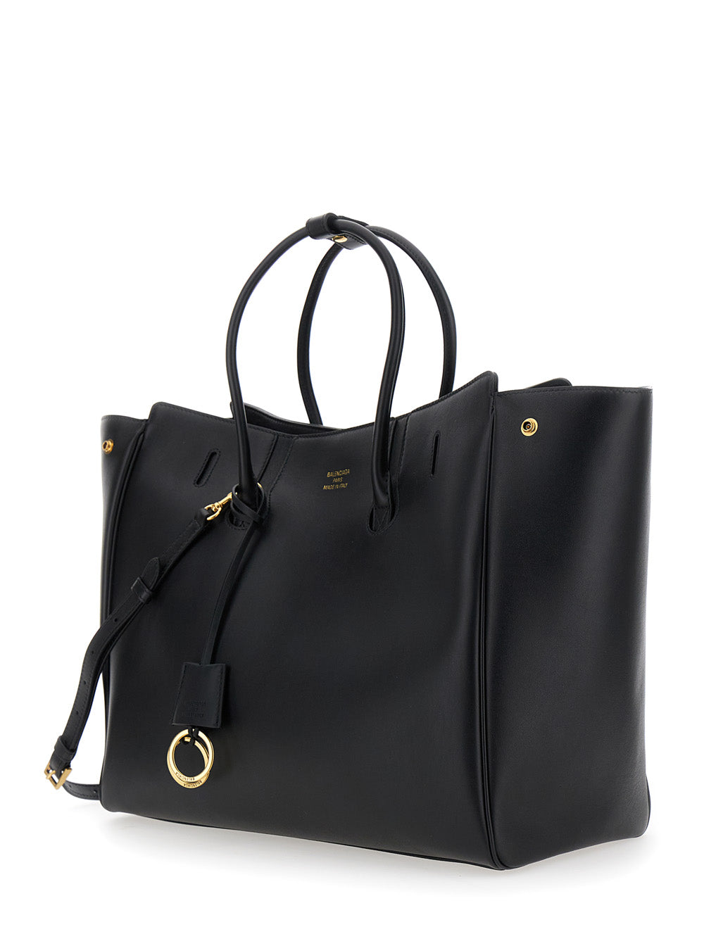 Balenciaga Women 'Hampton Medium' Black Handbag With Embossed Logo On The Front And Removable Key Ring In Leather Woman BALENCIAGA