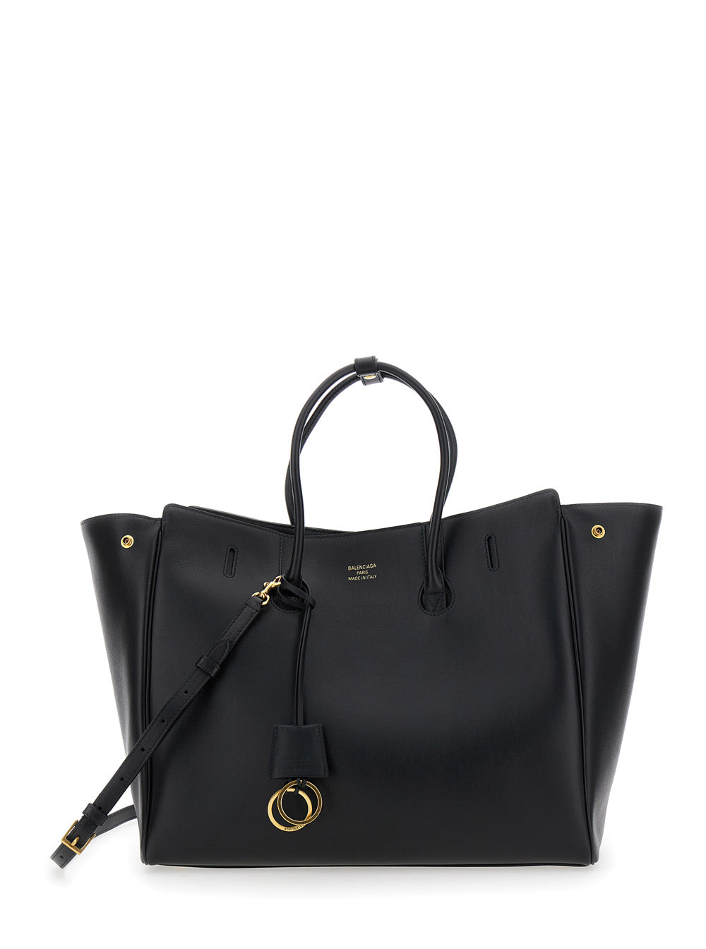 Balenciaga Women 'Hampton Medium' Black Handbag With Embossed Logo On The Front And Removable Key Ring In Leather Woman BALENCIAGA