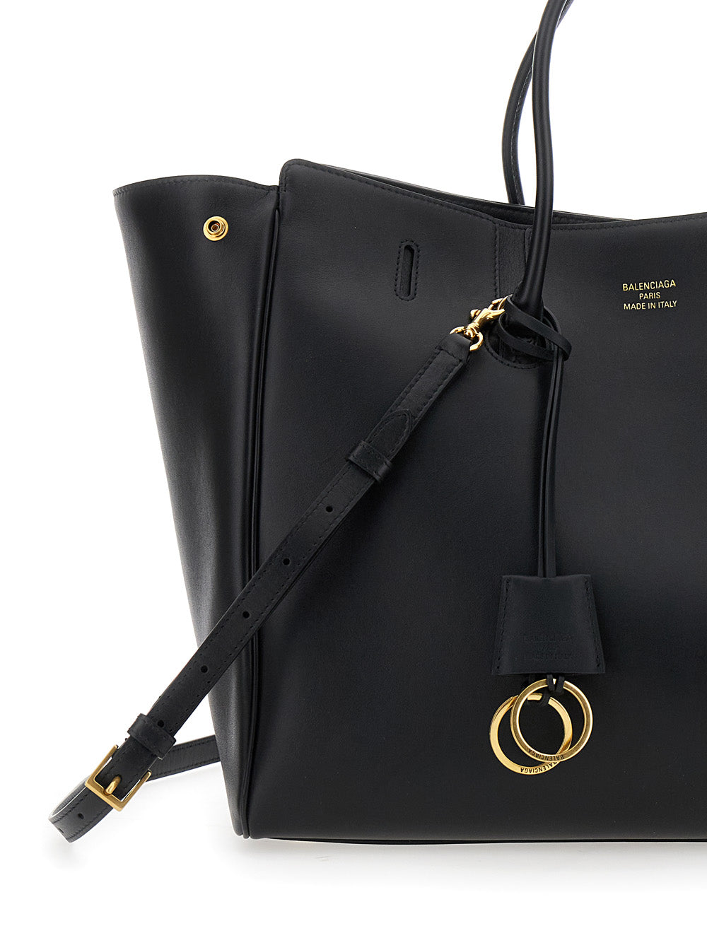Balenciaga Women 'Hampton Medium' Black Handbag With Embossed Logo On The Front And Removable Key Ring In Leather Woman BALENCIAGA