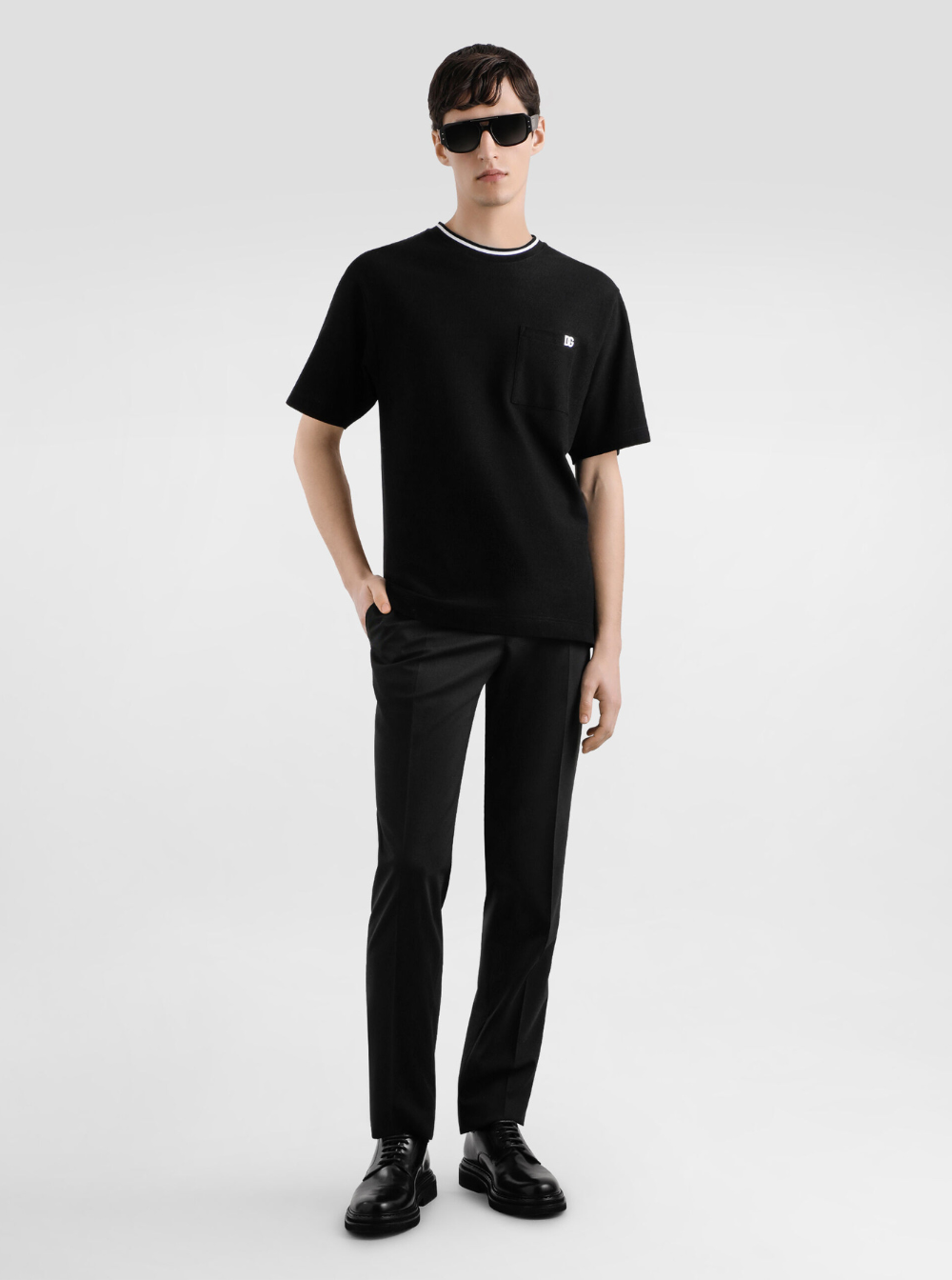 Dolce & Gabbana Men Black Crewneck T-Shirt With Logo Embroidery On The Front In Cotton Man DOLCE & GABBANA