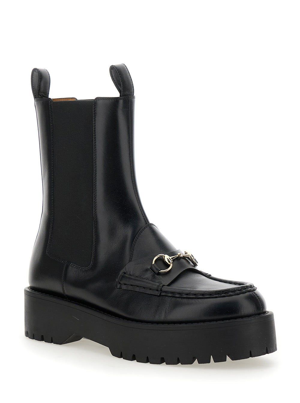 Gucci Women Black Ankle Boots With Horsebit And Lug Sole In Leather Woman GUCCI