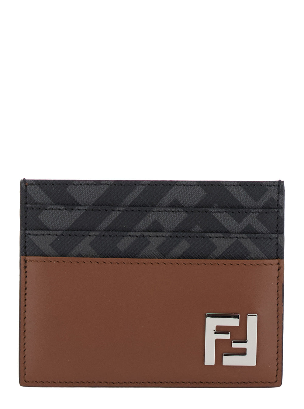 Fendi Men Brown Card Holder With Ff Plaque On The Front In Leather And Ff Canvas Man FENDI