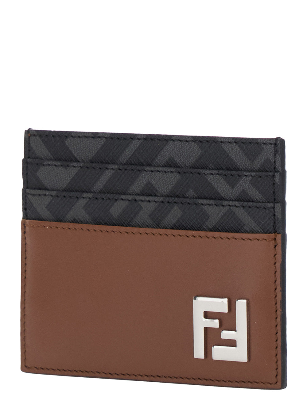 Fendi Men Brown Card Holder With Ff Plaque On The Front In Leather And Ff Canvas Man FENDI