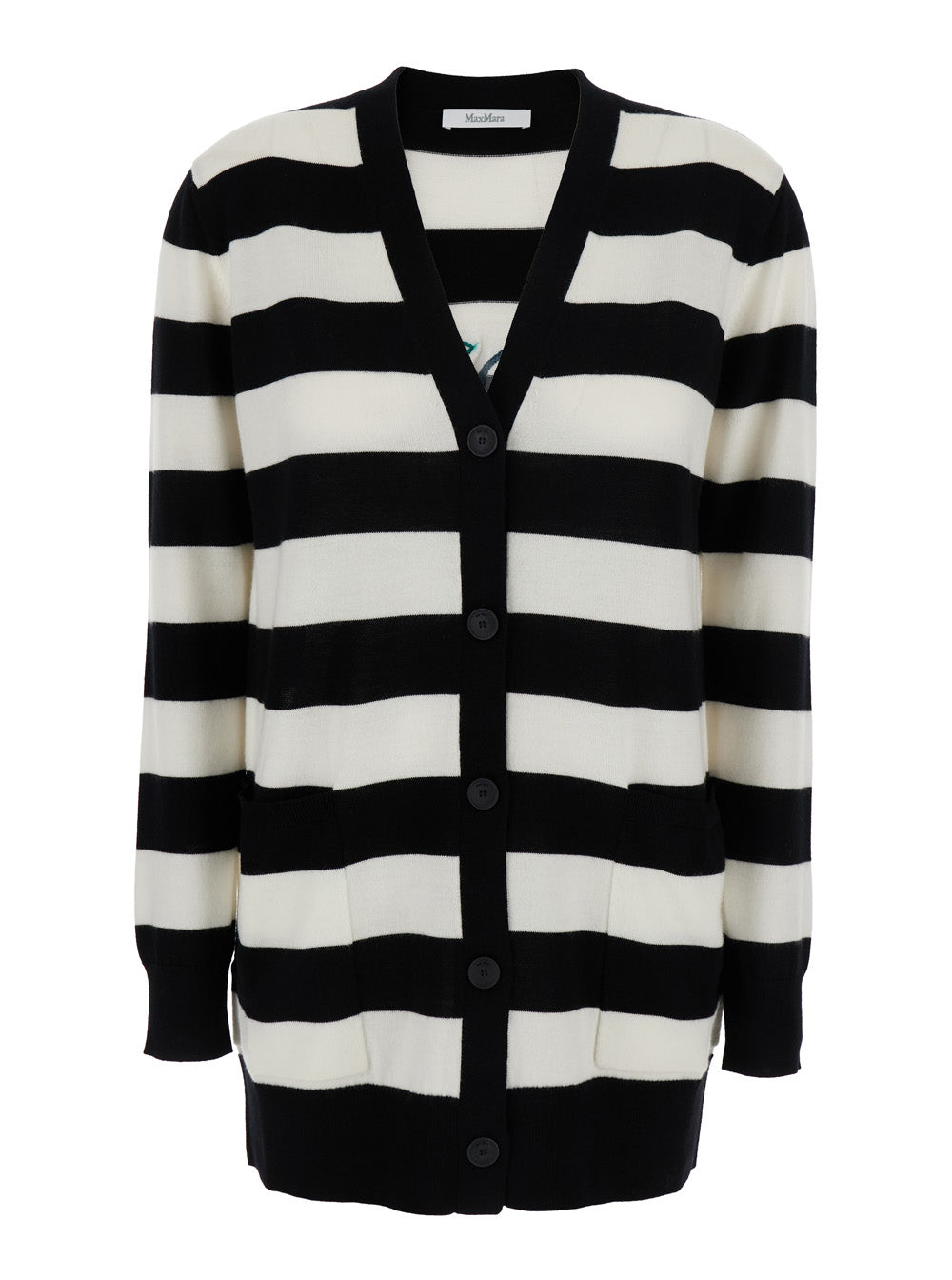 Max Mara Women 'Fiemme' Black And White Cardigan With Rear Embroidery And All-Over Striped Motif In Wool Woman MAX MARA