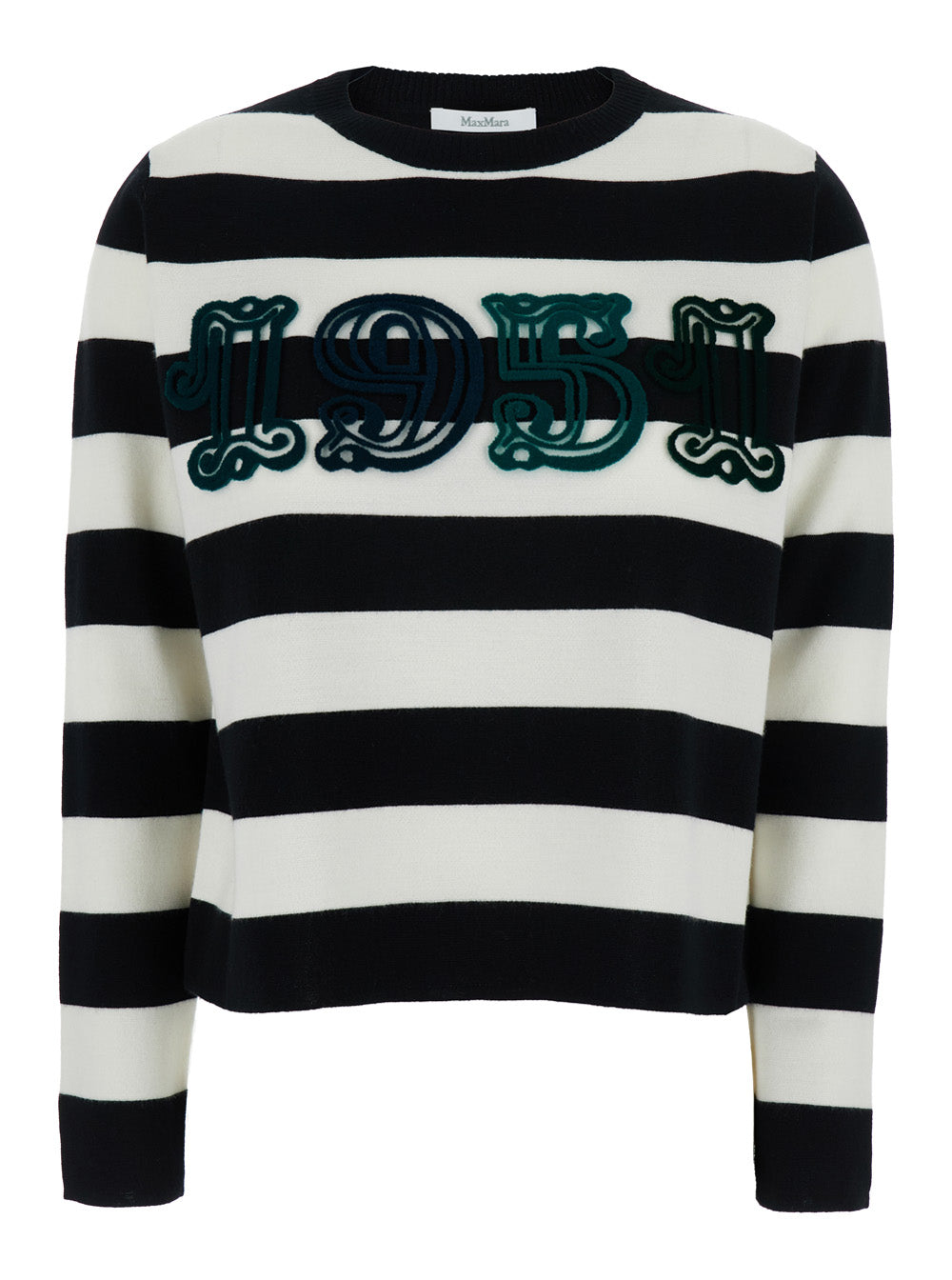 Max Mara Women 'Viterbo' Black And White Crewneck Sweater With Embroidery On The Front And All-Over Striped Motif In Wool Woman MAX MARA