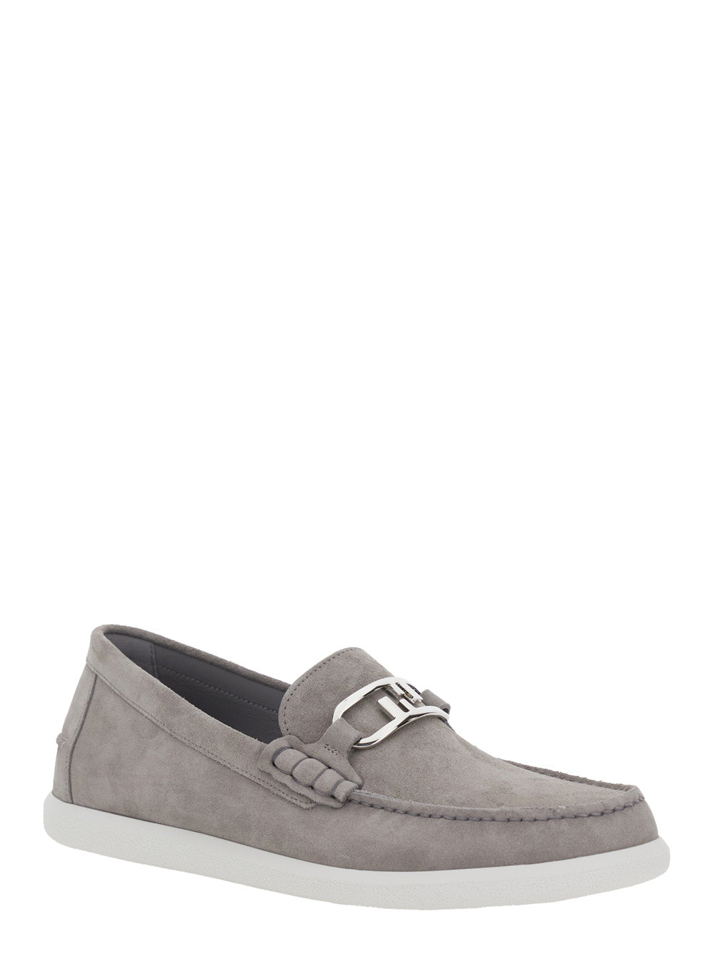 Fendi Men Grey Loafers With Ff Metal Buckle And Contrasting Sole In Suede Man FENDI
