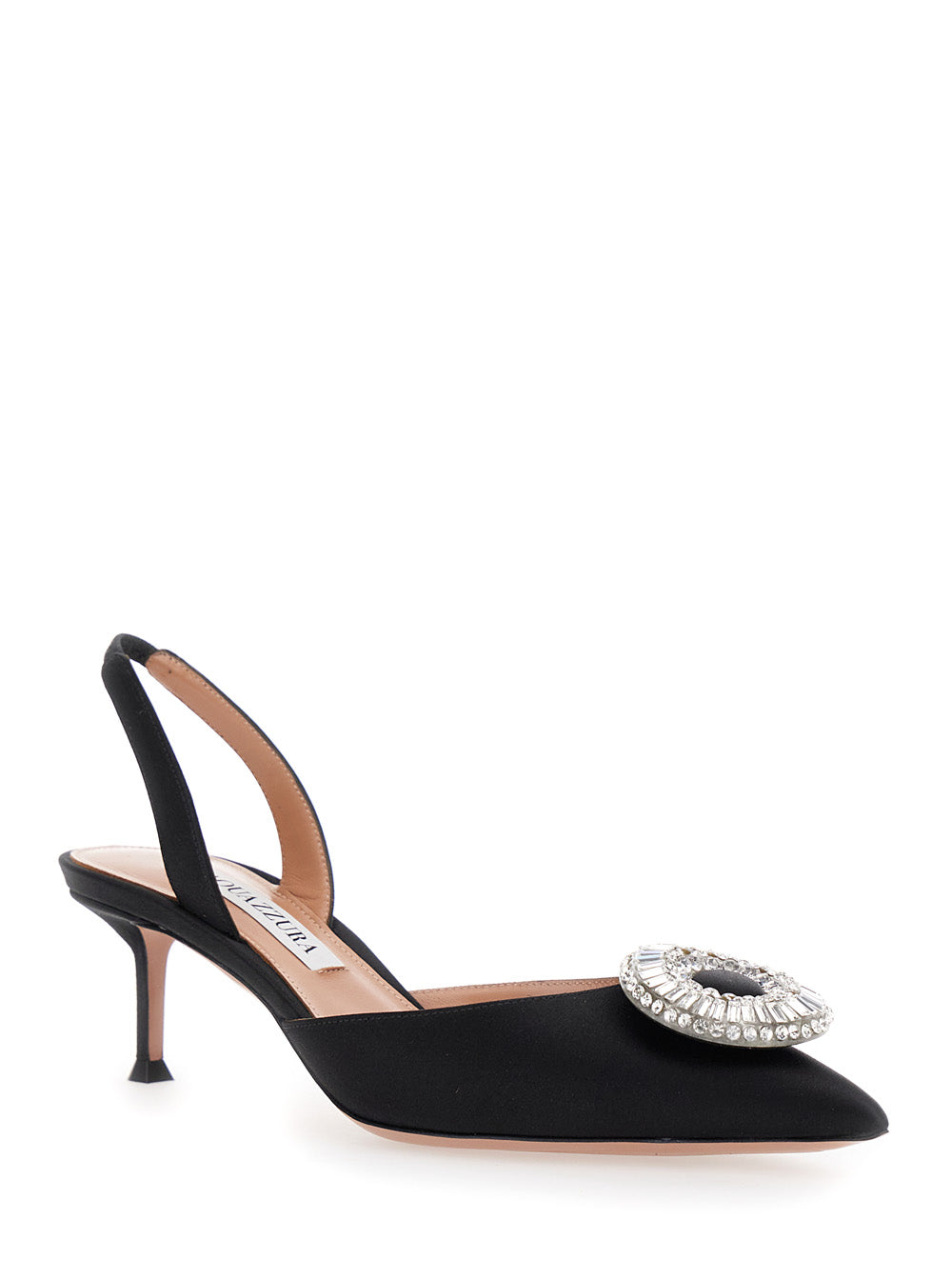 Aquazzura Women 'Crystal Hoop' Black Slingback Pumps With Rhinestoned Embellishment And Kitten Heel In Tech Fabric Woman AQUAZZURA