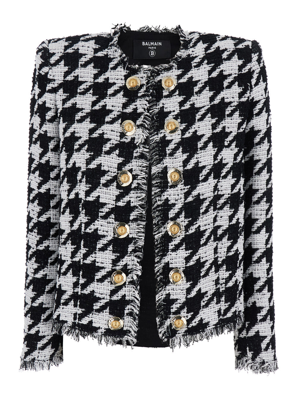 Balmain Women 'Spencer' Black And White Jacket With All-Over Check Motif And Fringed Hem In Cotton Blend Woman BALMAIN