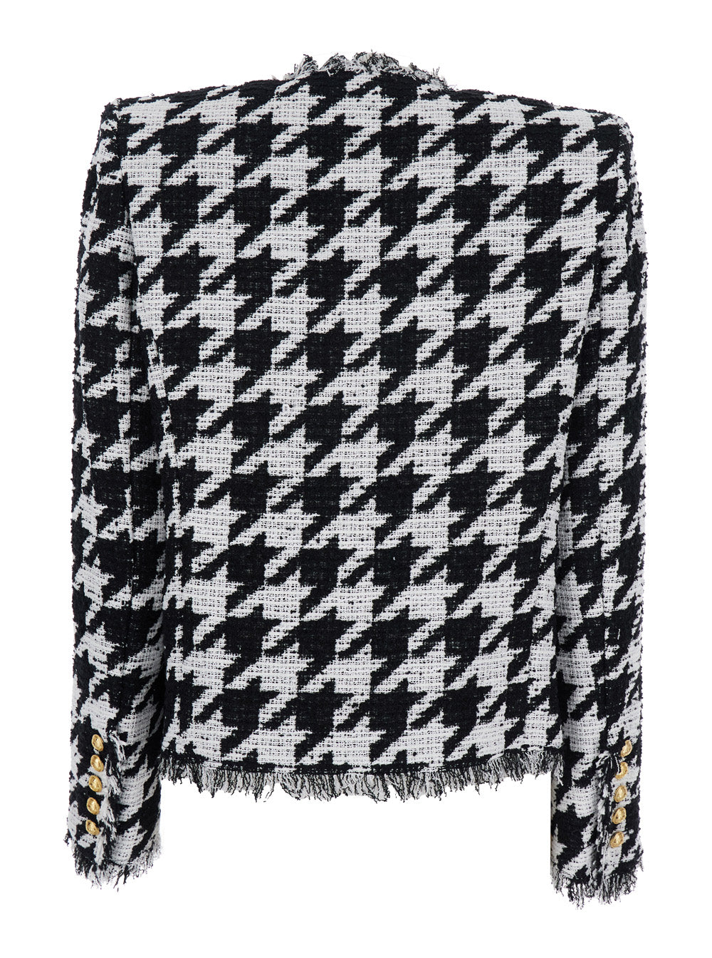 Balmain Women 'Spencer' Black And White Jacket With All-Over Check Motif And Fringed Hem In Cotton Blend Woman BALMAIN