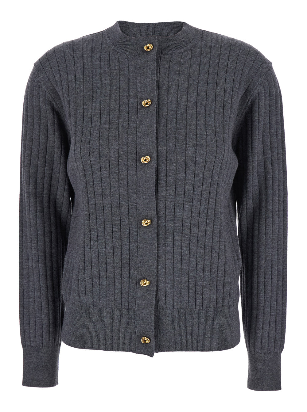 Bottega Veneta Women Grey Crewneck Cardigan With Knot Buttons Closure And Ribbed Knit In Wool Woman BOTTEGA VENETA