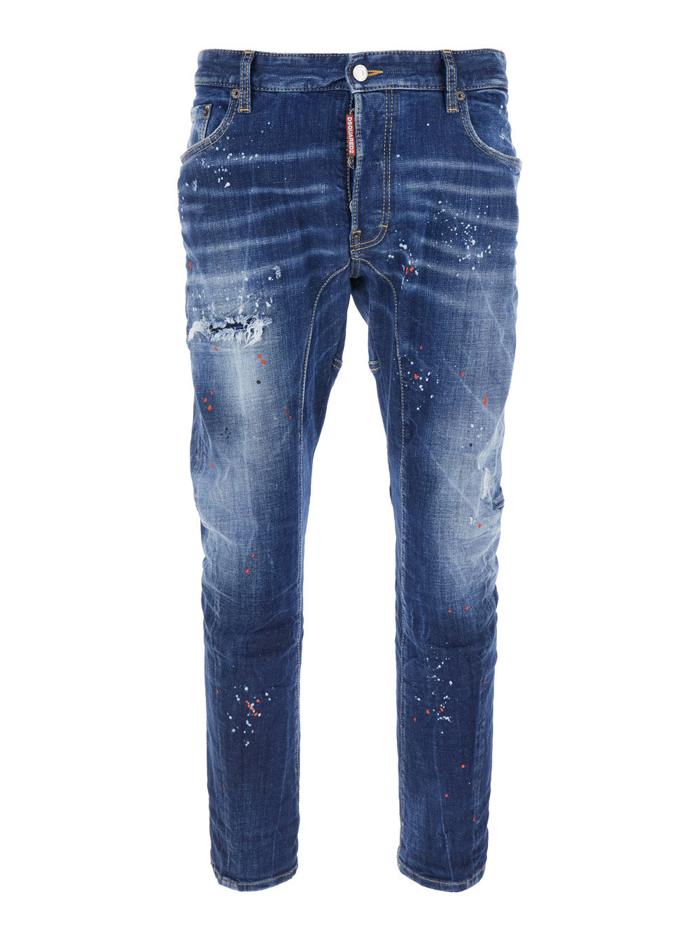 Dsquared2 Men 'Tidy Biker' Blue Jeans With Paint Embellishments And Logo Patch On The Rear In Denim Man DSQUARED2