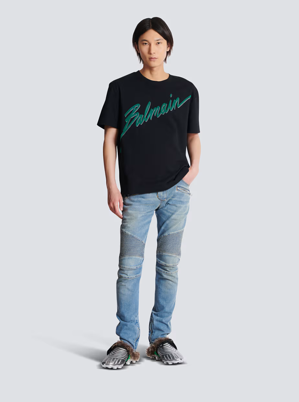 Balmain Men Black Crewneck T-Shirt With Logo Lettering Print On The Front In Cotton Man BALMAIN