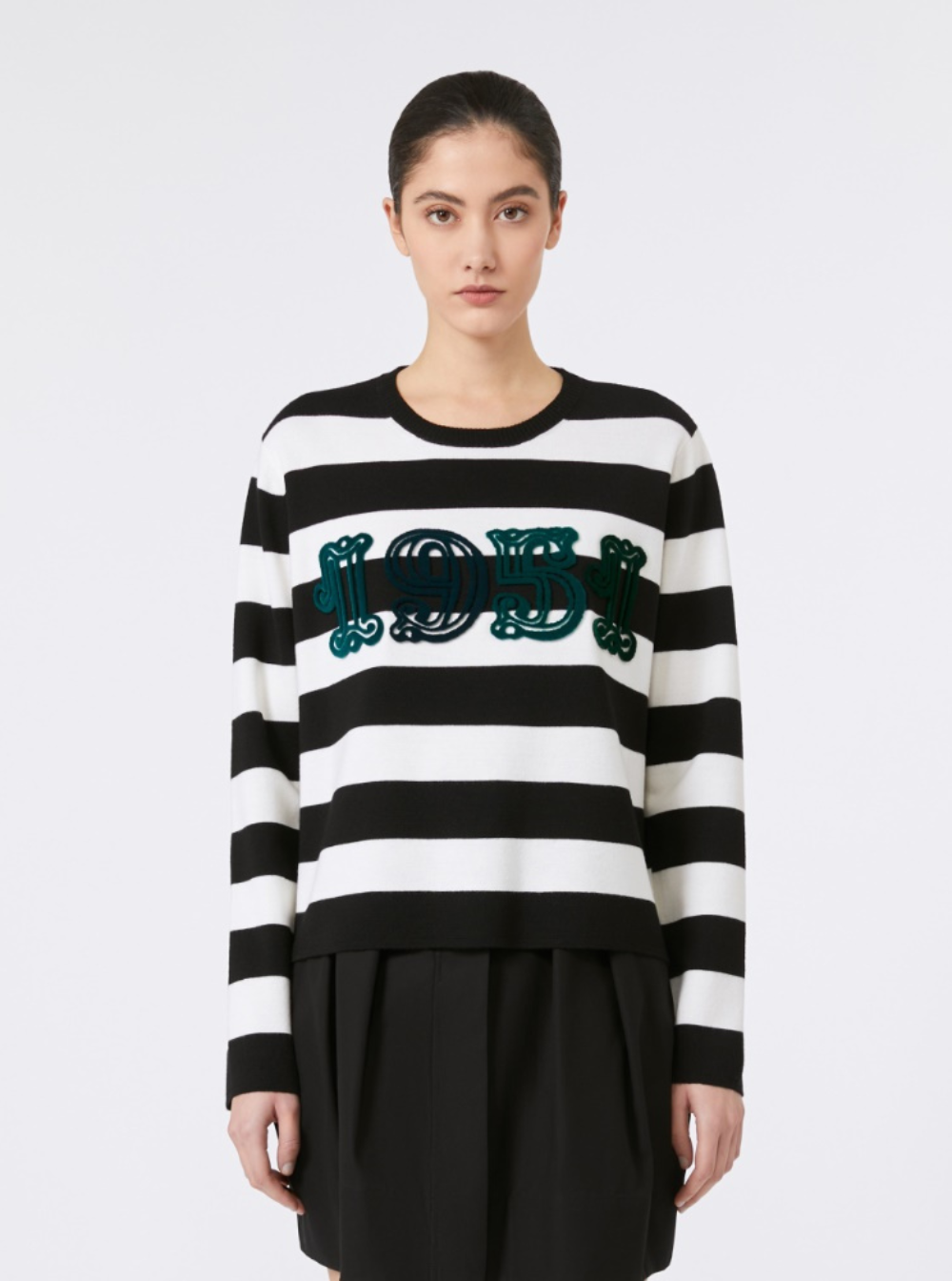 Max Mara Women 'Viterbo' Black And White Crewneck Sweater With Embroidery On The Front And All-Over Striped Motif In Wool Woman MAX MARA
