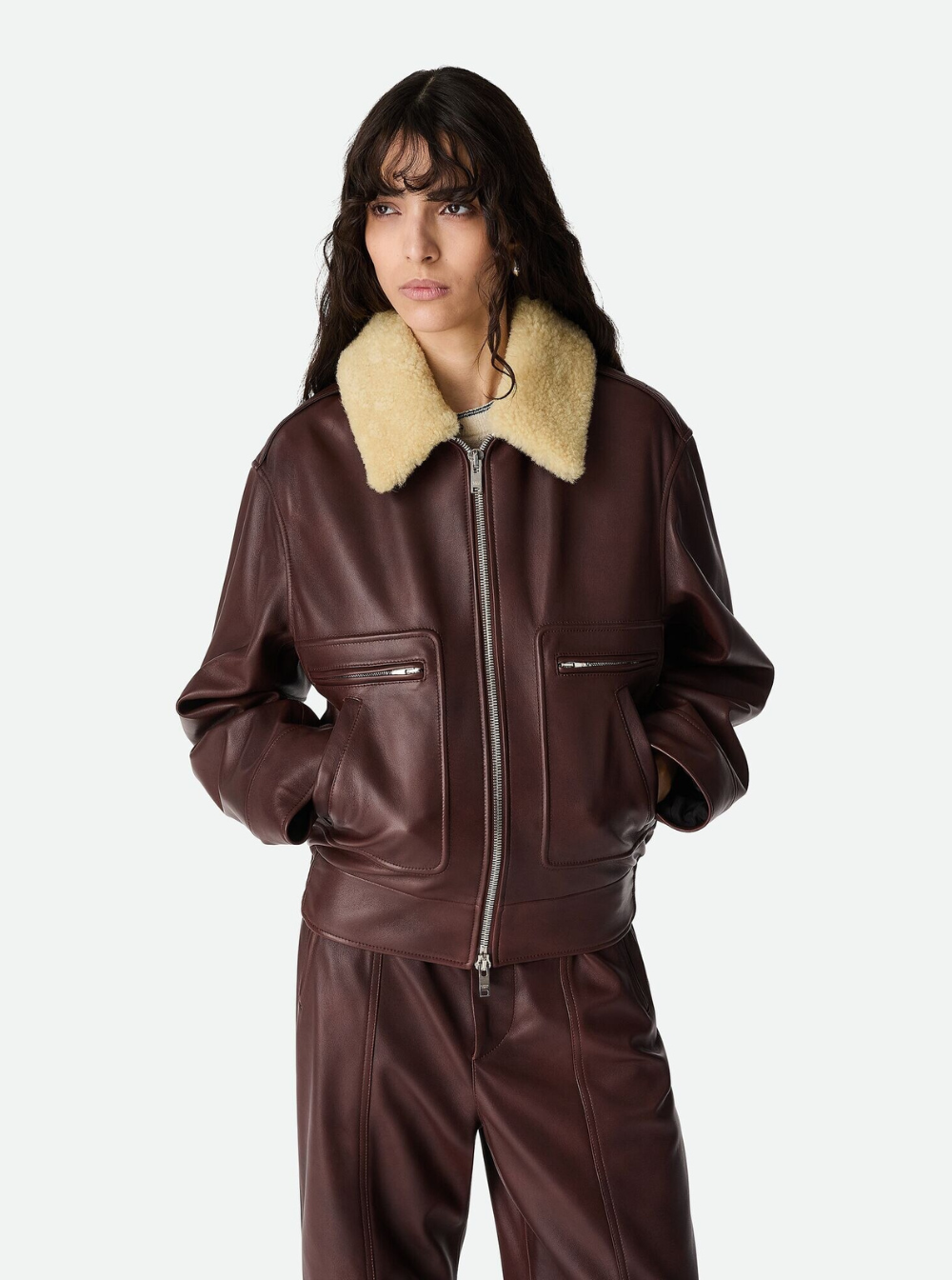Bottega Veneta Women Brown Shearling Coat With Removable Fur Collar And Front Zip Closure In Leather Woman BOTTEGA VENETA