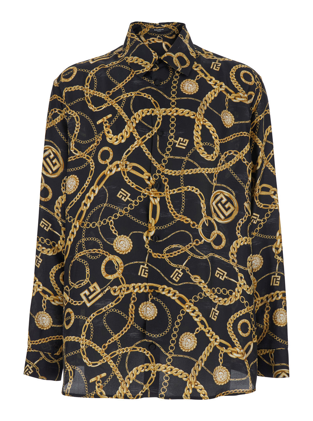 Balmain Men Black Shirt With Pointed Collar And Chain Print With Logo In Silk Man BALMAIN