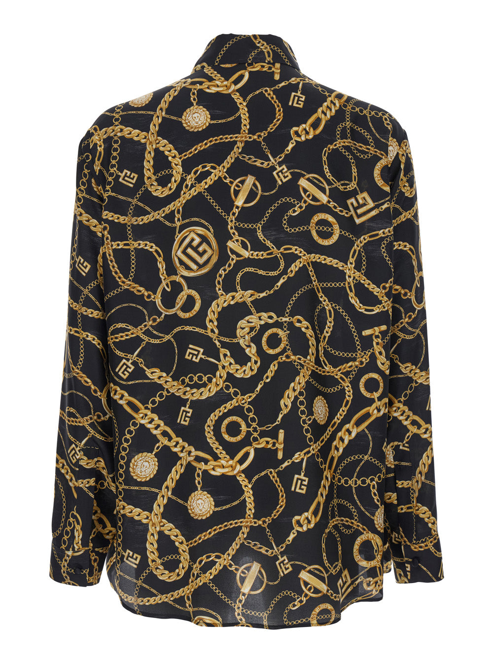 Balmain Men Black Shirt With Pointed Collar And Chain Print With Logo In Silk Man BALMAIN