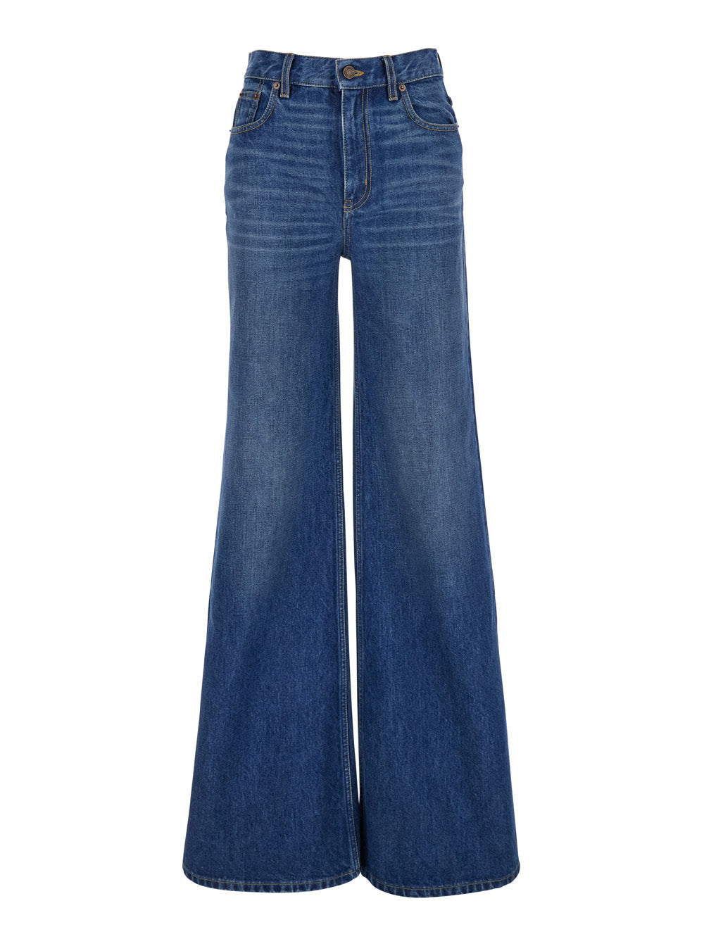 Chloé Women Blue High Waisted Jeans With Wide Leg And Logo Patch On The Rear In Denim Woman CHLOE