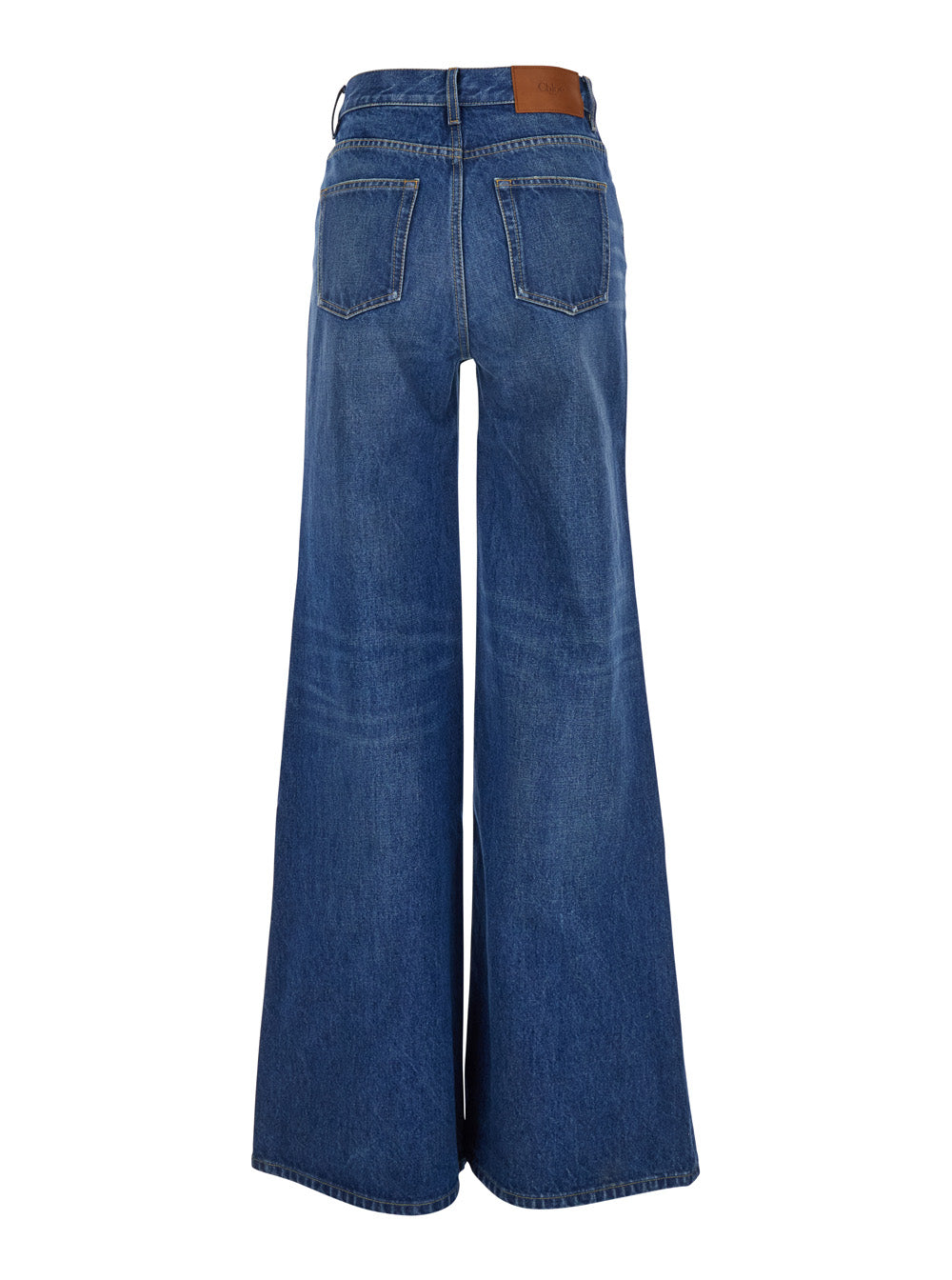 Chloé Women Blue High Waisted Jeans With Wide Leg And Logo Patch On The Rear In Denim Woman CHLOE