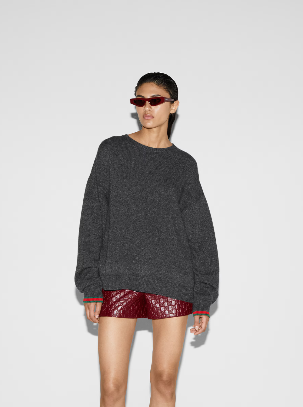 Gucci Women Grey Crewneck Sweater With Web Detail On The Cuffs In Wool And Cashmere Blend Woman GUCCI