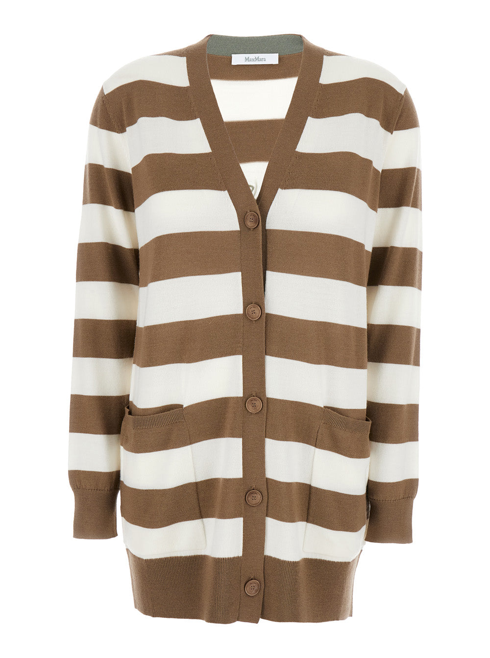 Max Mara Women 'Fiemme'beige Cardigan With Rear Embroidery And All-Over Striped Motif In Wool Woman MAX MARA