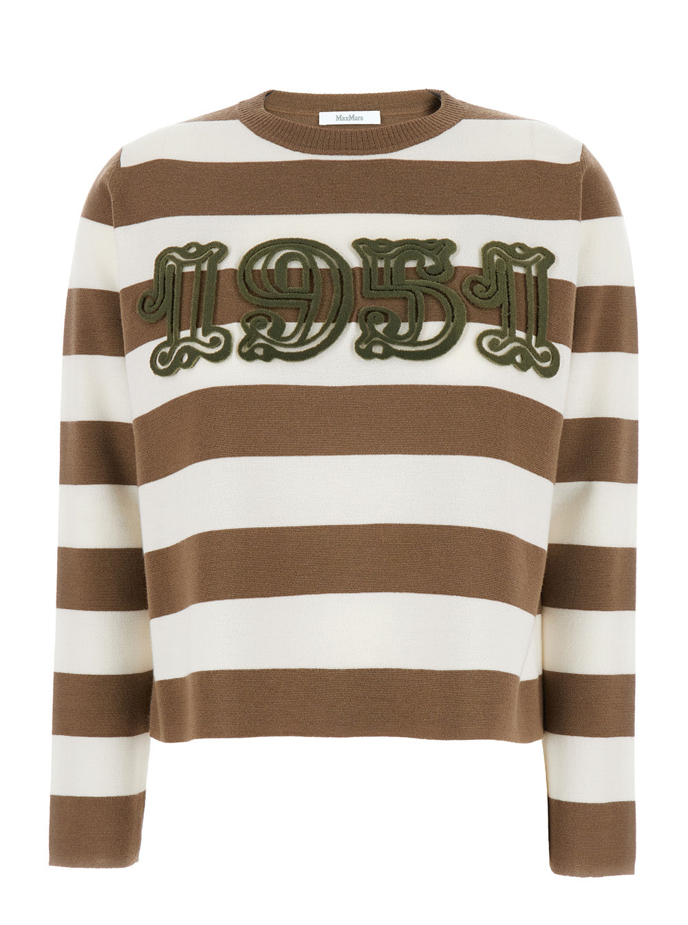 Max Mara Women 'Viterbo' Beige Crewneck Sweater With Embroidery On The Front And All-Over Striped Motif In Wool Woman MAX MARA